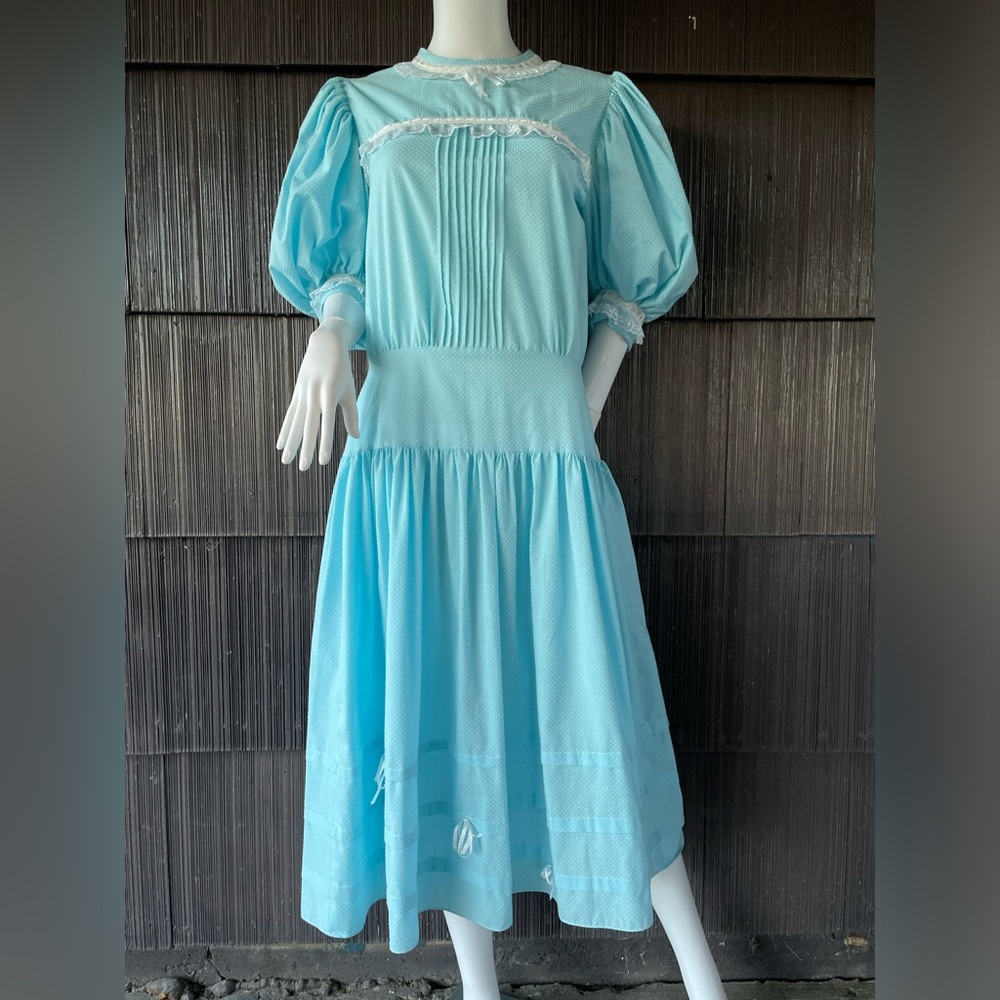🔥Vintage 50s-70s Midi Dress Puffed Sleeve Lace Bow Pleated Aqua Dress Size S